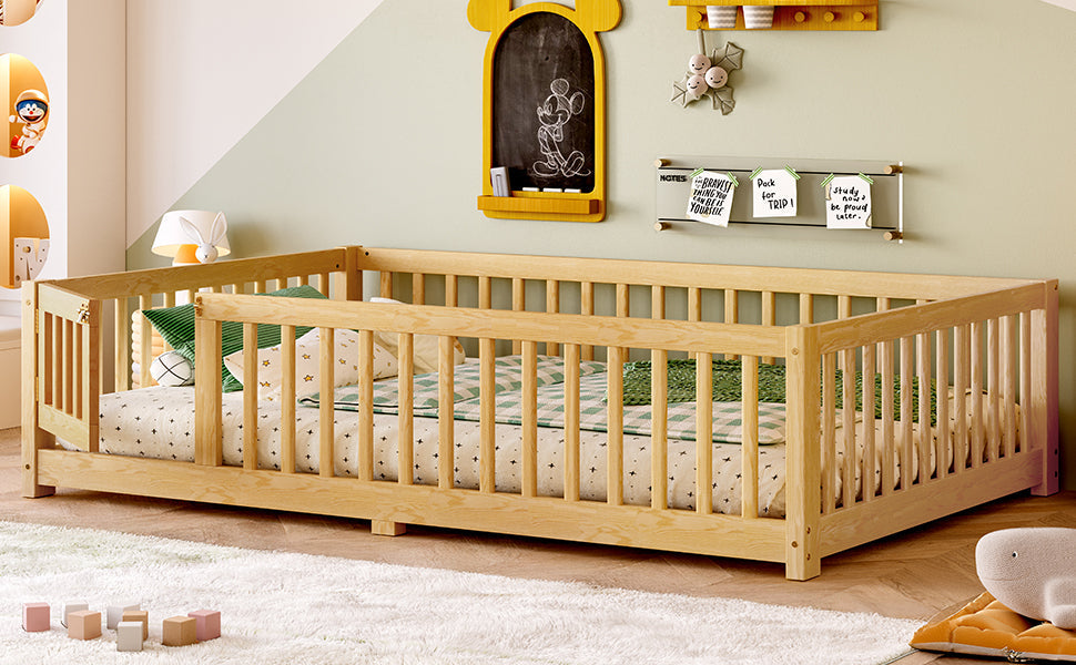 Full Size Bed Floor Bed with Safety Guardrails and Door for Kids, Natural(Old SKU:  W1580P154627)