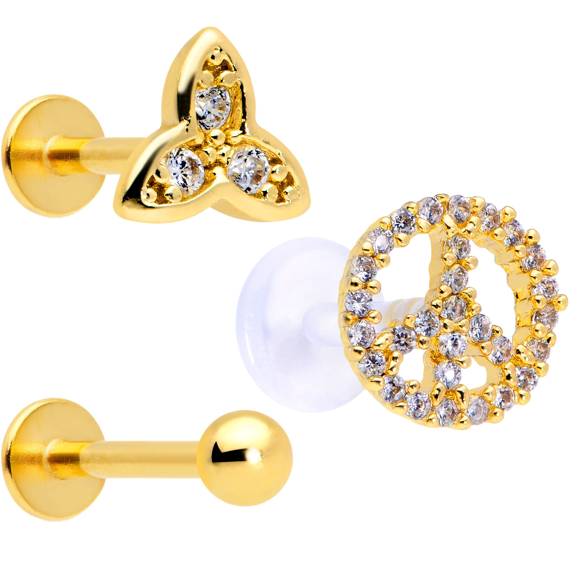 16G 5/16 Clear CZ Gem Gold Tone Peace Labret Tragus Set of 3
