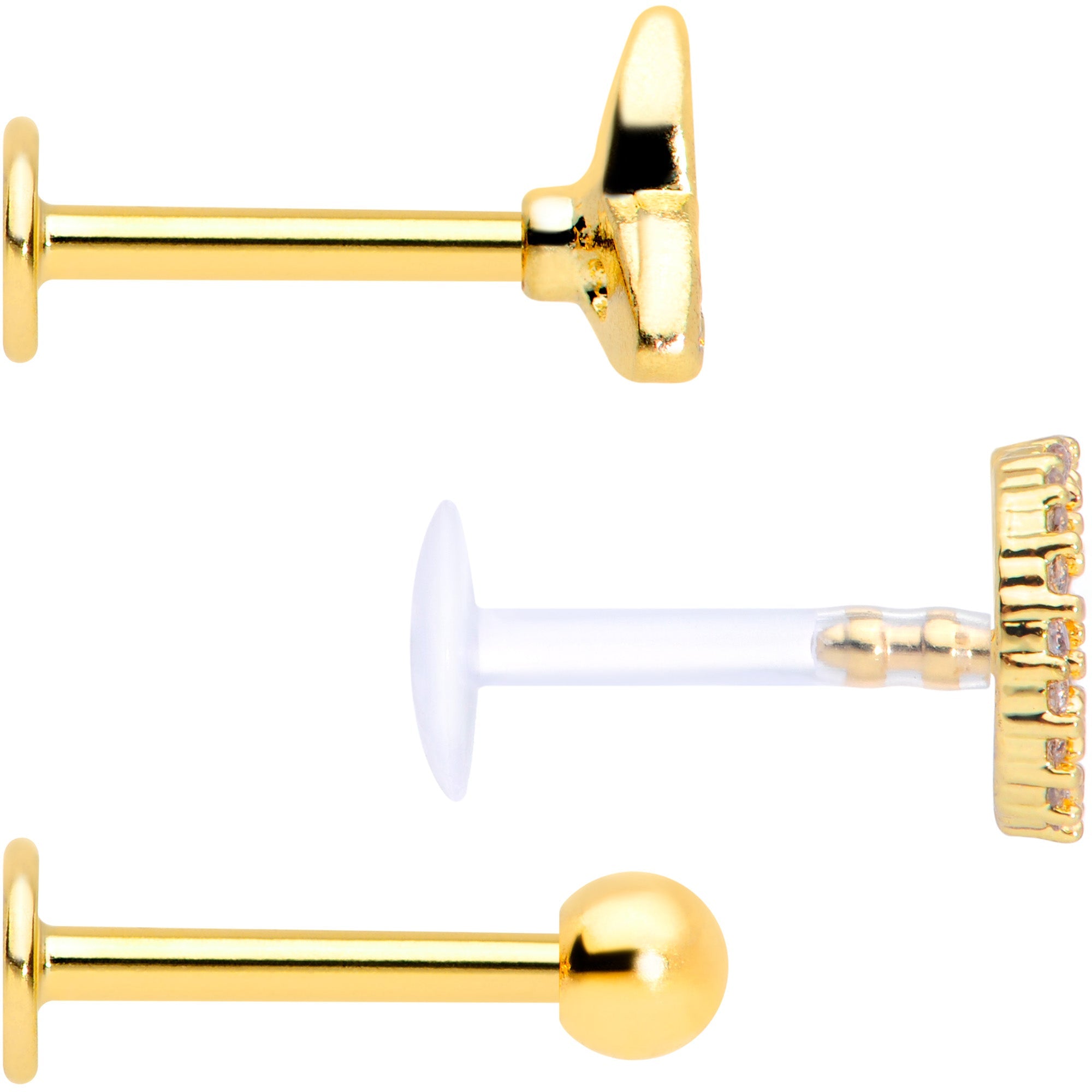 16G 5/16 Clear CZ Gem Gold Tone Peace Labret Tragus Set of 3