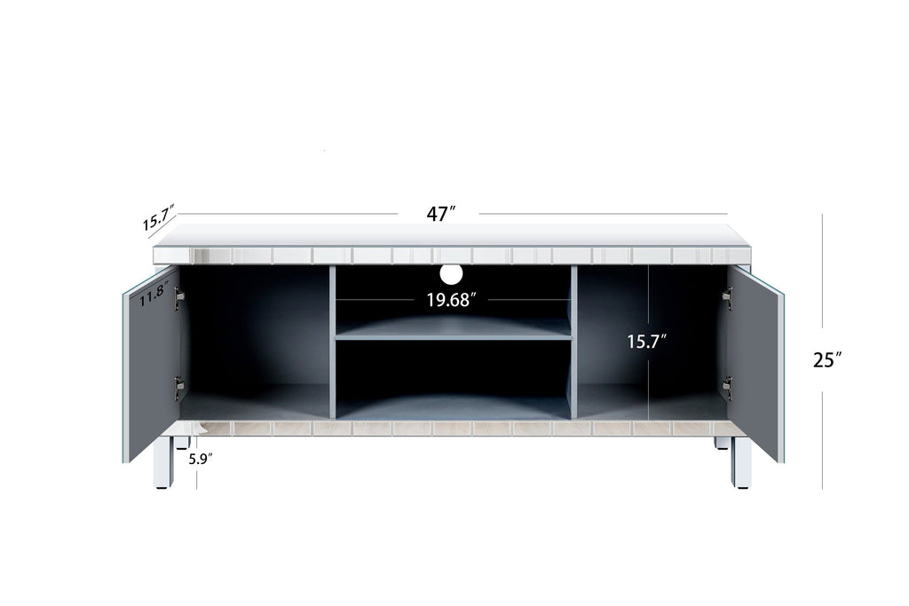 47 Inch Mirror TV Media Console with Diamond Glass Doors, Dual Door Design and Open Storage Space, Compatible with 50-Inch TVs&Modern Decor for Living Room & Bedroom