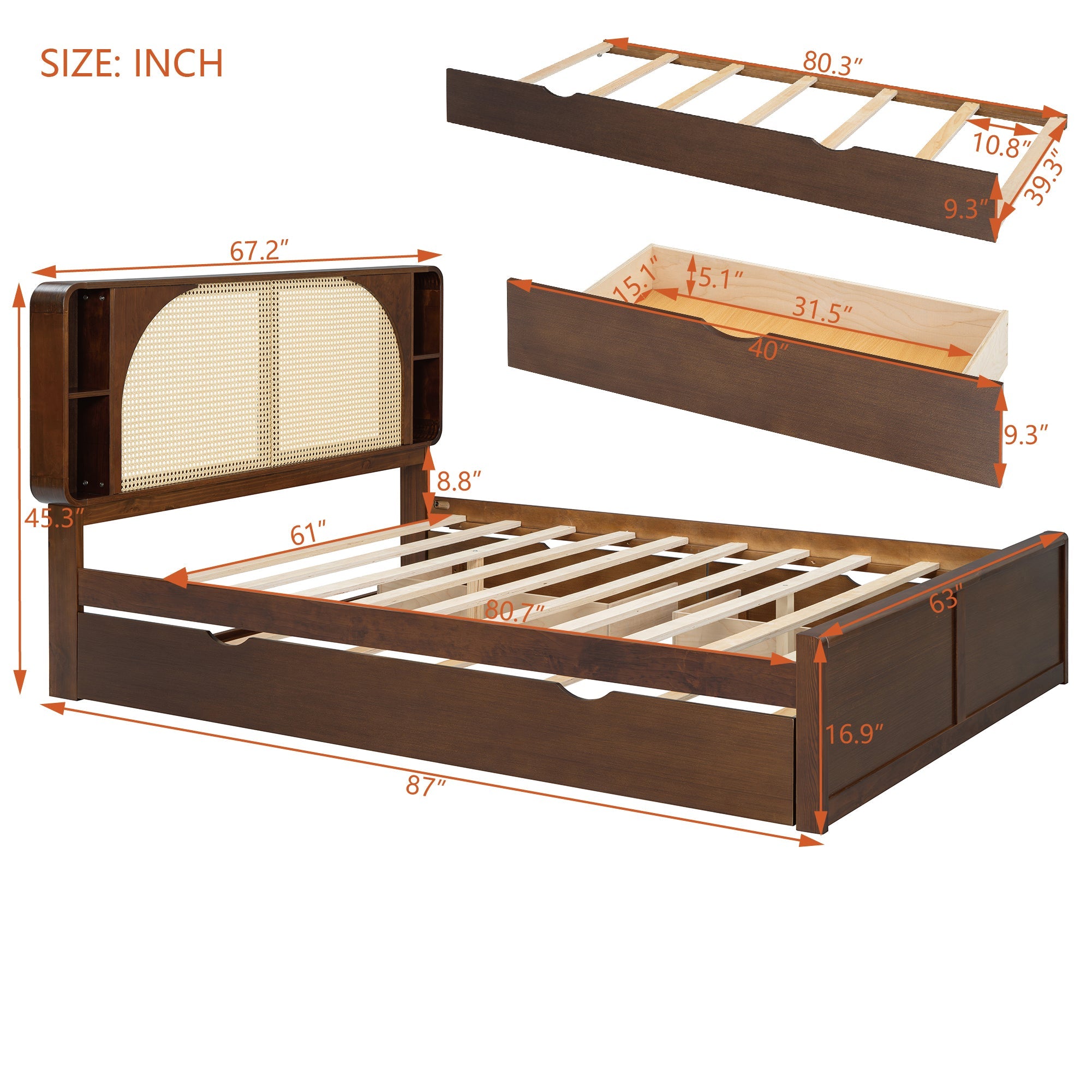 Queen Size Rattan Headboard Bed with Two Drawers and Trundle, Walnut