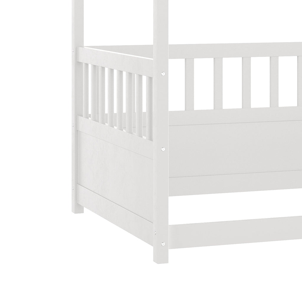 Twin Size Canopy Bed Frame with Guardrails for Kids,Floor Bed Twin with Four Poster Design,Kids Montessori Floor Bed,Wood Canopy Bed Frame for Girls,Boys(Twin,White)