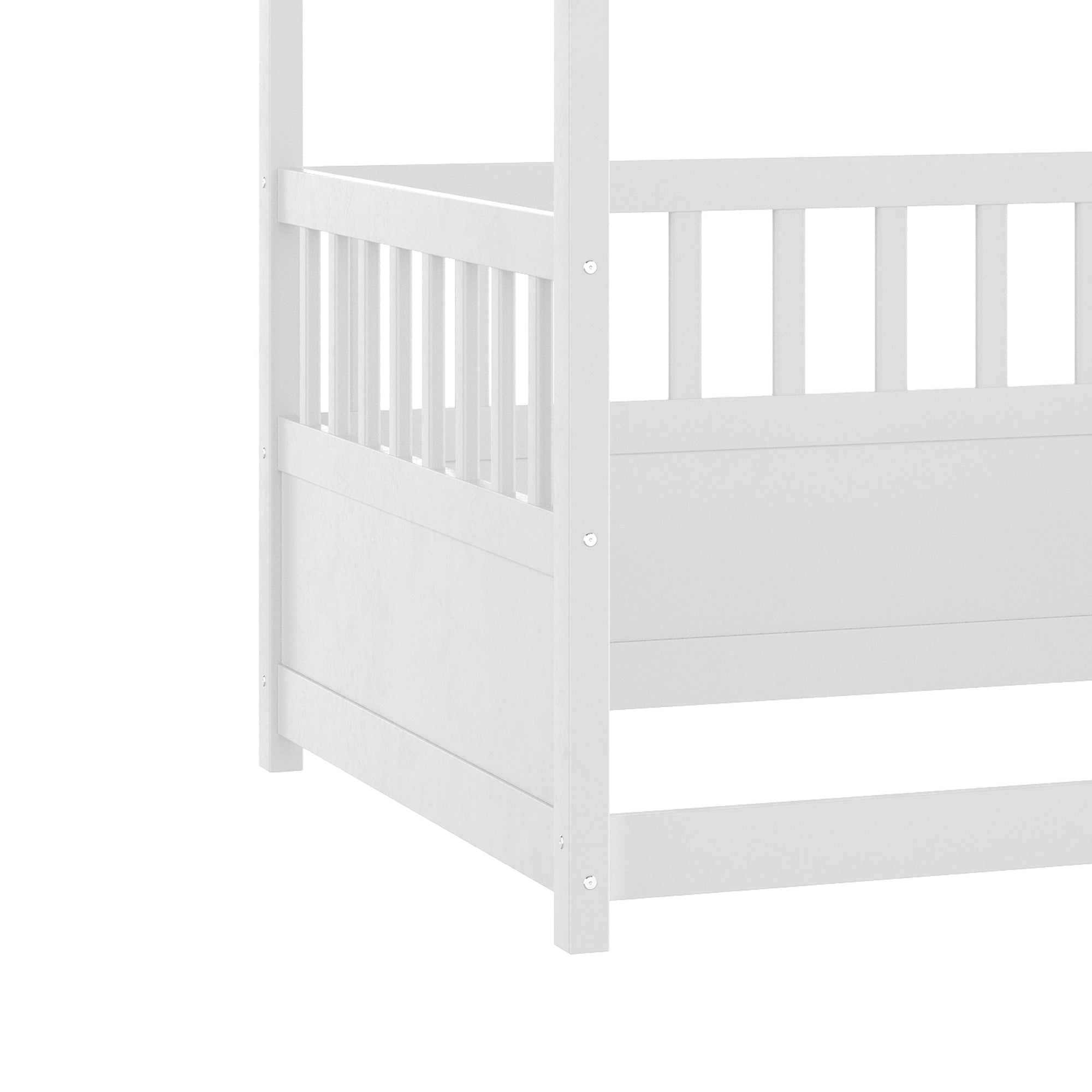 Twin Size Canopy Bed Frame with Guardrails for Kids,Floor Bed Twin with Four Poster Design,Kids Montessori Floor Bed,Wood Canopy Bed Frame for Girls,Boys(Twin,White)
