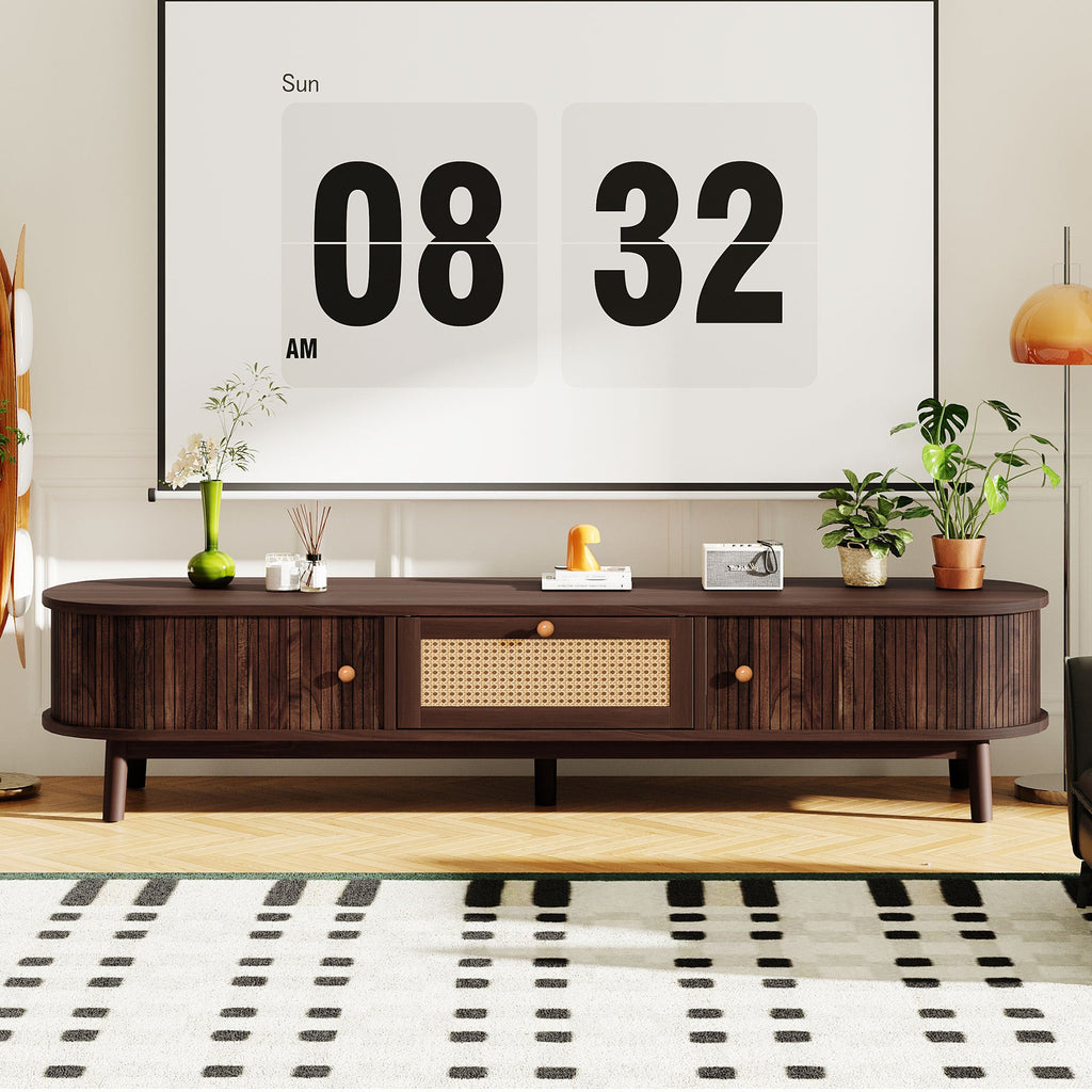 Modern Design TV Stand for 75' TVs, Media Console TV Cabinet with Rattan-Front Drawer for Living Room, 1 Drawer and 2 Sliding-Door Cabinets