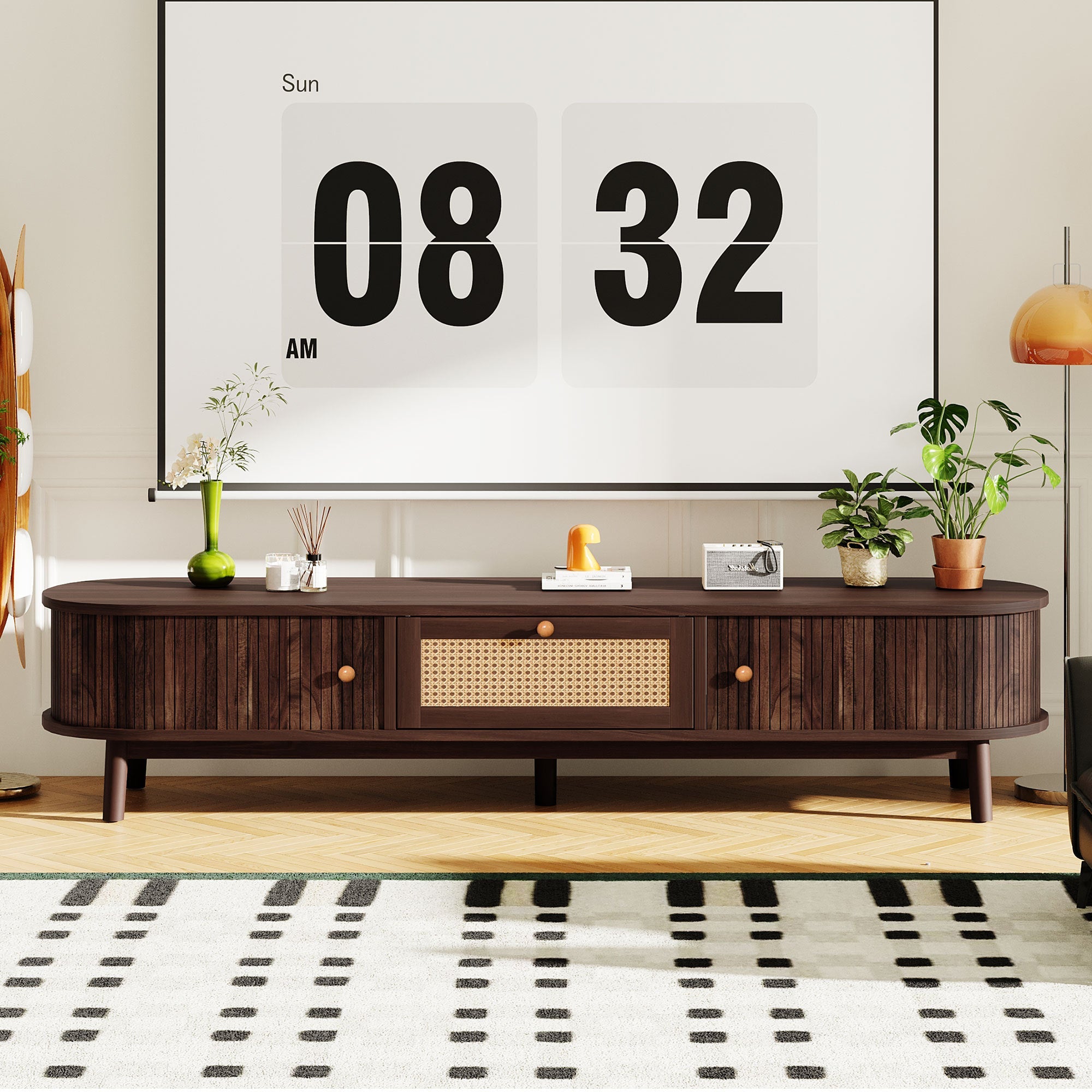 Modern Design TV Stand for 75' TVs, Media Console TV Cabinet with Rattan-Front Drawer for Living Room, 1 Drawer and 2 Sliding-Door Cabinets