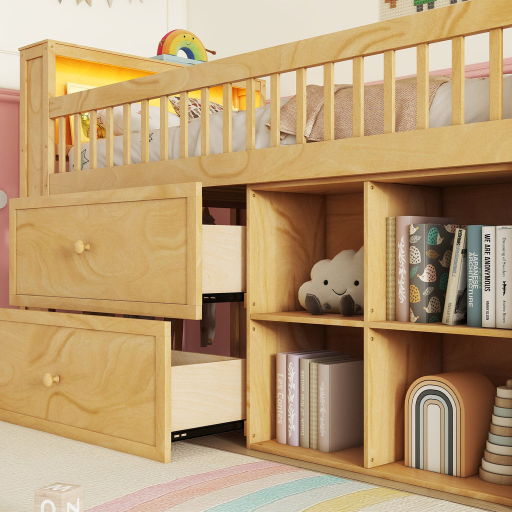 Twin Size Loft Bed with LED and Bookshelf, Wood Low Loft Bed with Stairs, Kids Twin Loft Bed with Storage Drawers and Shelves, Natural (Expect Arrival Date 2025/1/20)