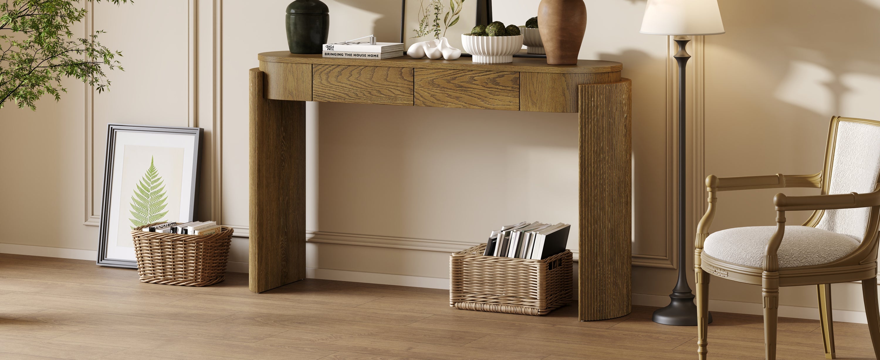 TREXM Entryway Table with Natural Wood Grain Finish, Console Table with Fluted Design, Oval Top and 2 Drawers for Entryway and Living Room (Pine Wood)