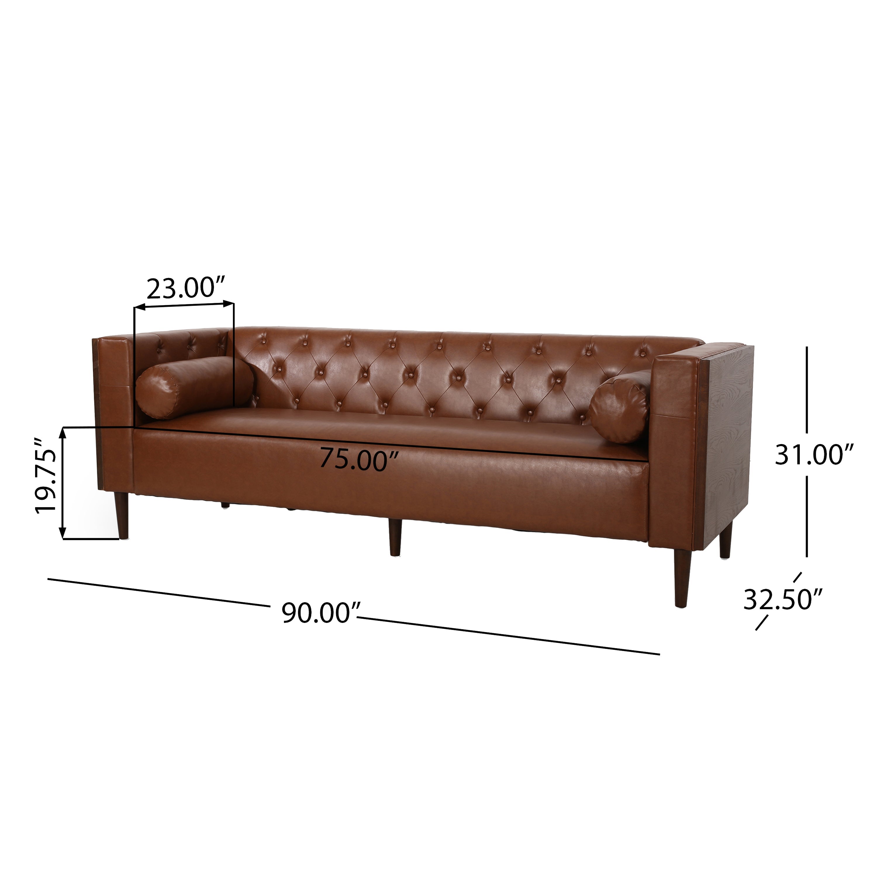 Contemporary 3-Seater Sofa with Tufted Design in Light Brown PU and Wood Accents