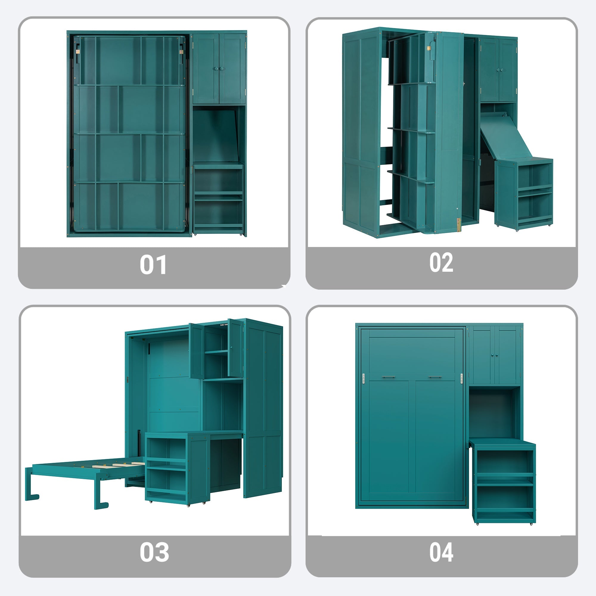 Twin Size Rotating Wall Murphy Beds with Bookshelf, Top Cabinet, Extendable Desk & Side Storage, Teal