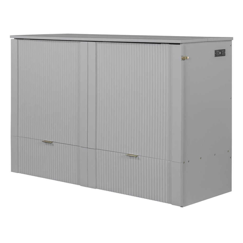 Queen Size Murphy  Bed with drawer and a set of Sockets & USB Ports, Pulley Structure Design, Gray
