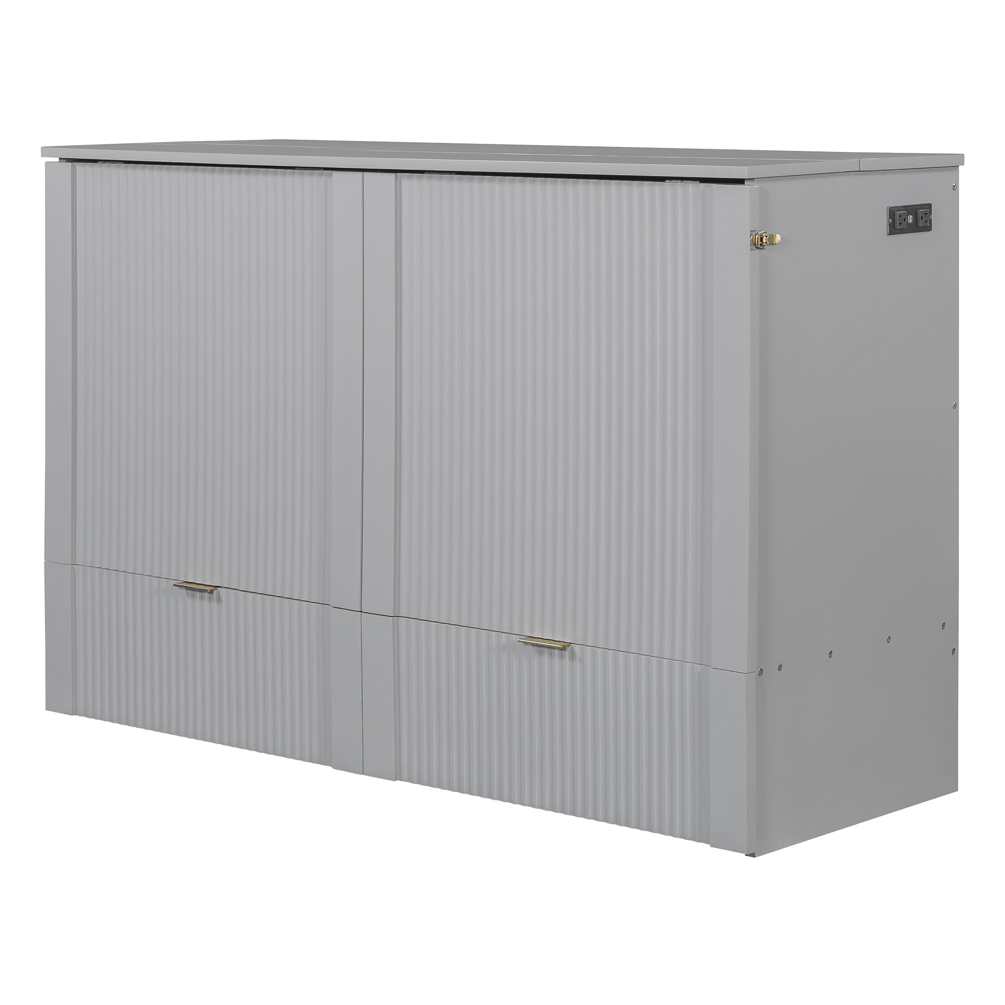 Queen Size Murphy  Bed with drawer and a set of Sockets & USB Ports, Pulley Structure Design, Gray