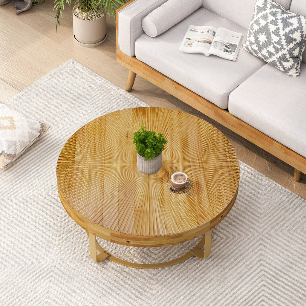 Modern round coffee table Wooden carving pattern coffee table with metal legs for living room reception room office Golden
