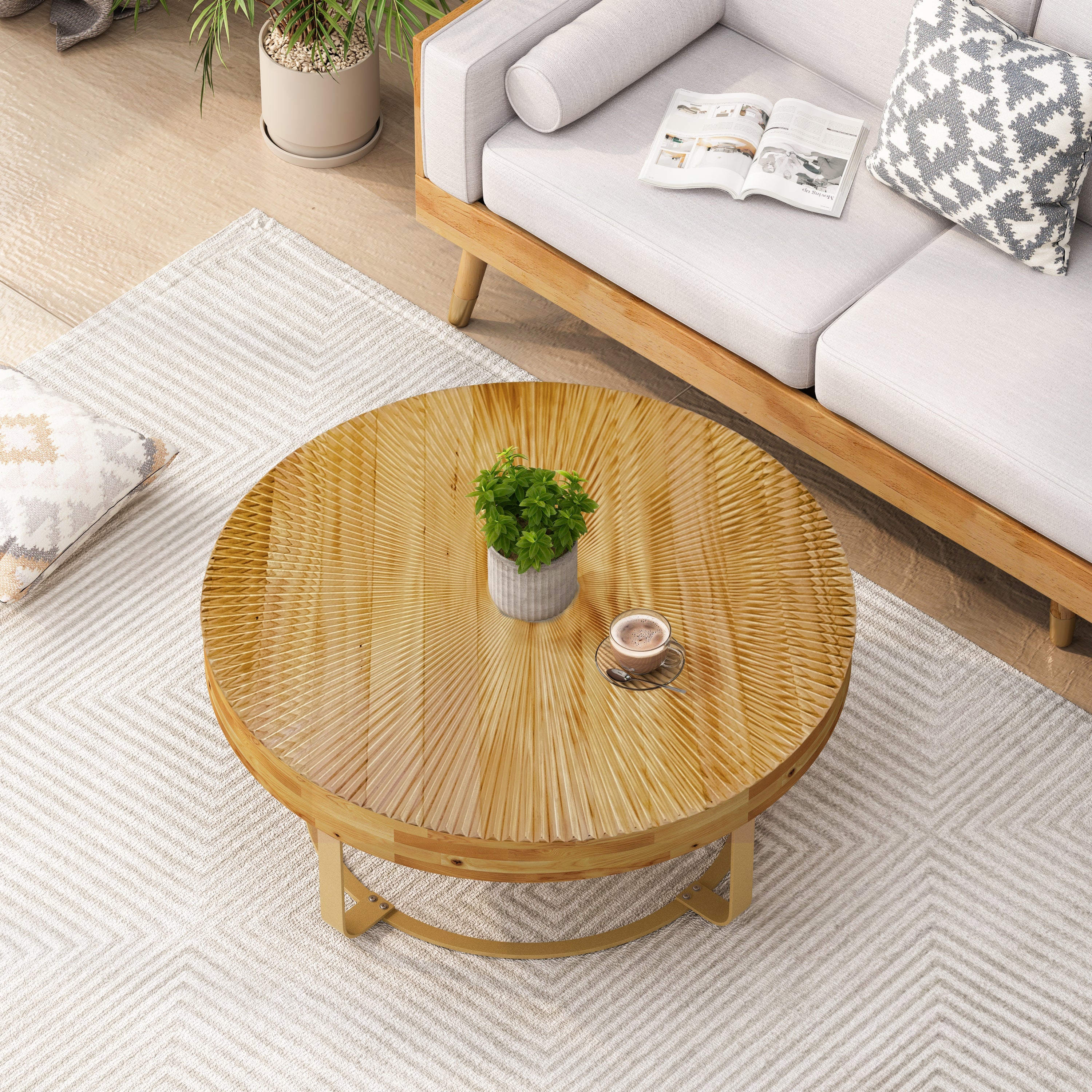 Modern round coffee table Wooden carving pattern coffee table with metal legs for living room reception room office Golden