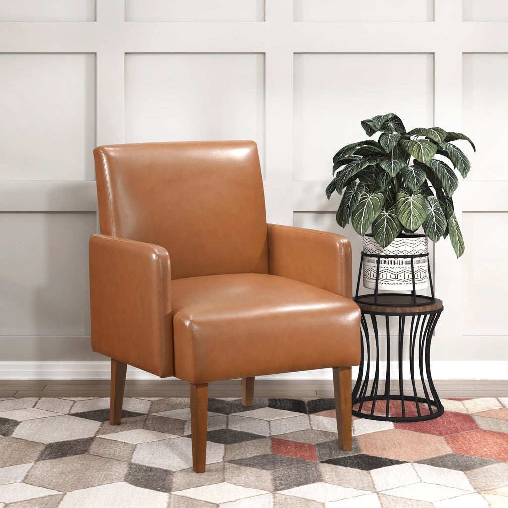 Mid-Century Modern Design Accent Chair Brown Faux Leather Upholstery Walnut Finish Solid Wood 1pc Living Room Furniture