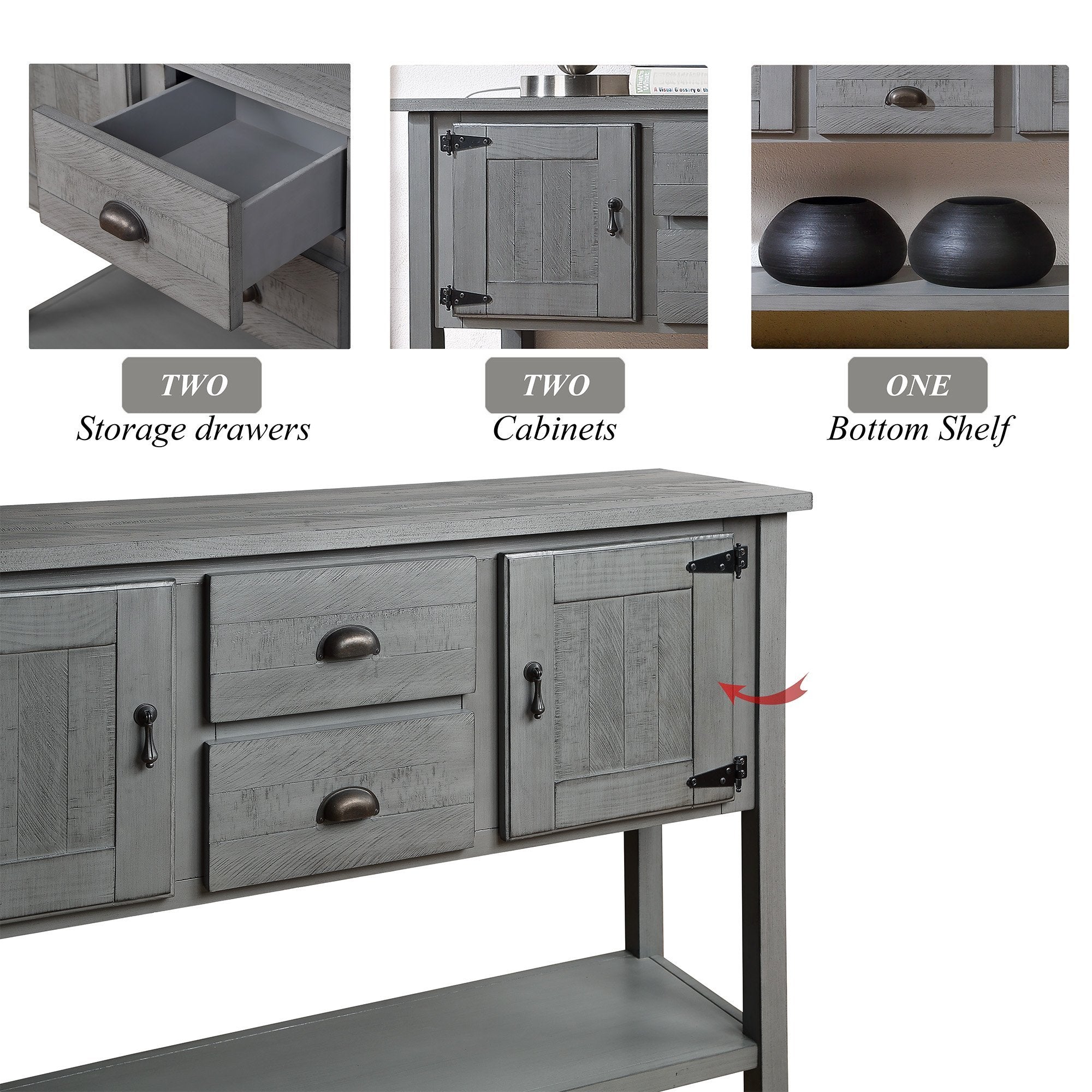 48'' Solid Wood Sideboard Console Table with 2 Drawers and Cabinets and Bottom Shelf, Retro Style Storage Dining Buffet Server Cabinet for Living Room Kitchen Dining Room(Antique Gray)