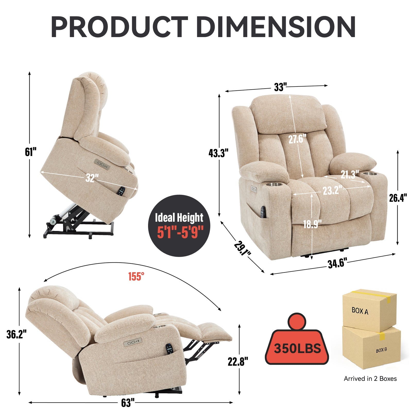 Up to 350 LBS Chenille Power Lift Recliner Chair, Heavy Duty Motion Mechanism with 8-Point Vibration Massage and Lumbar Heating, USB and Type-C Ports, Stainless Steel Cup Holders, Beige