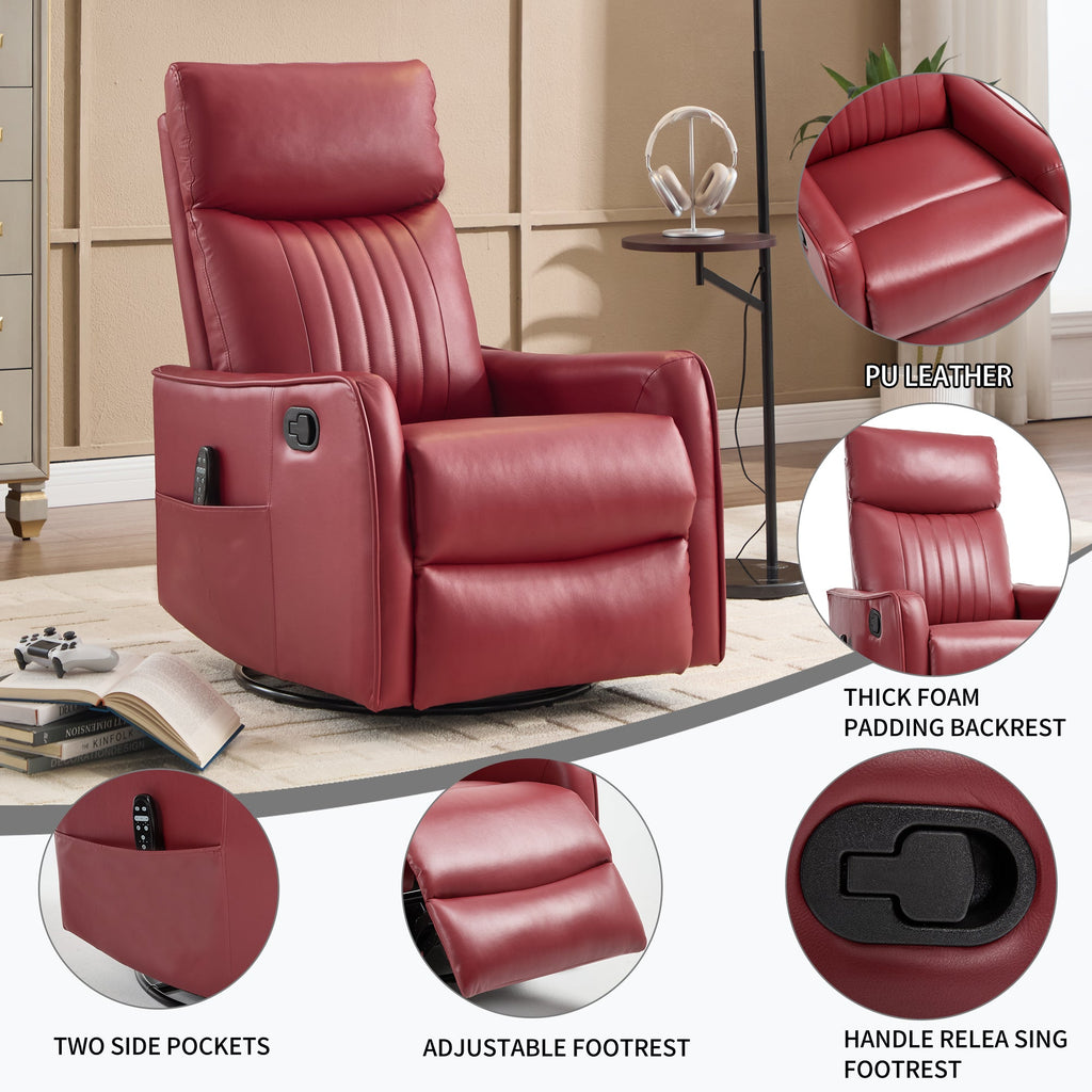 Red Faux Leather Heat Massage Manual Recliner Chair with Rocker and Swivel for Living Room