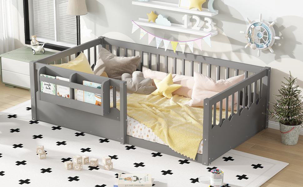 Twin Floor bed with Heightened Fence and bookshelf ,Wood Floor Bed for Kids, Gray.
