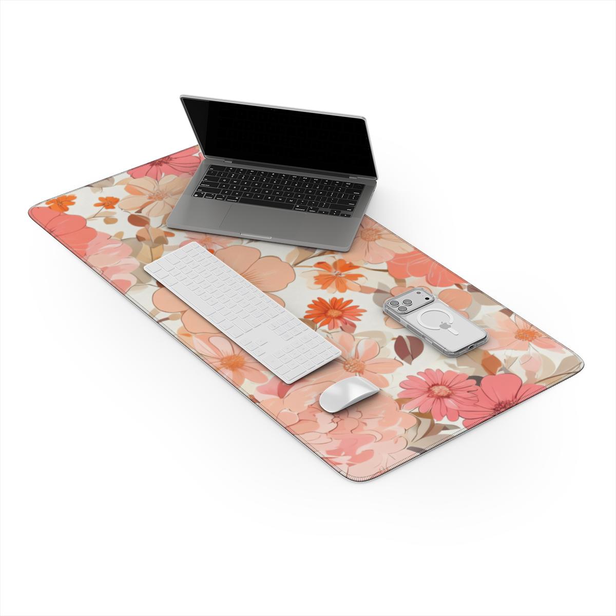 Peach Floral Desk Mat | Boho Watercolor Extended Mouse Pad for Cozy Setups