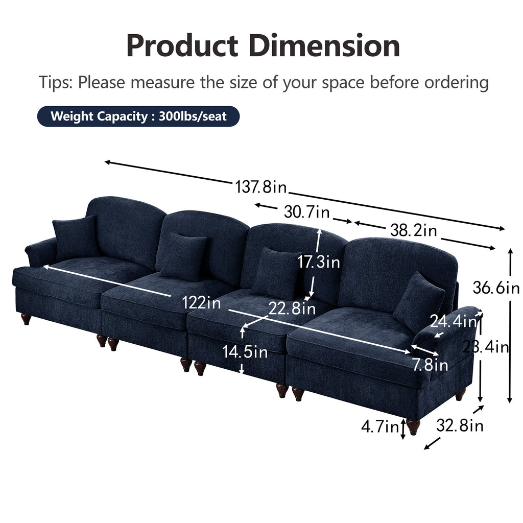 Elegant Mid Century Large 4 Seater Sofa Couch with Flared Arms and Removable Ruffles Pleats Skirts and Spindle Legs, Comfy Chenille Four-Seat Sofa for Living Room, Blue