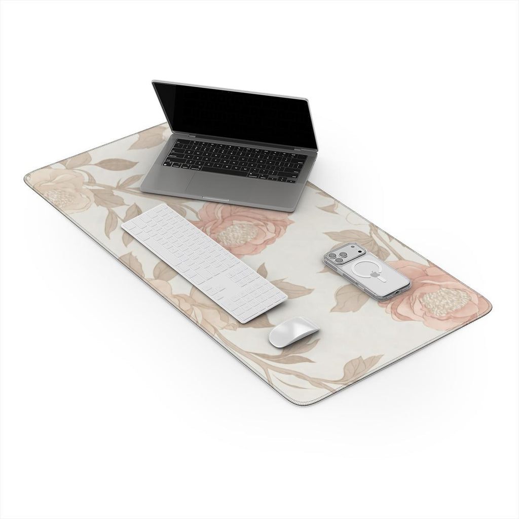 Neutral Rose Floral Desk Mat | Soft Botanical Mouse Pad for Aesthetic Workspaces