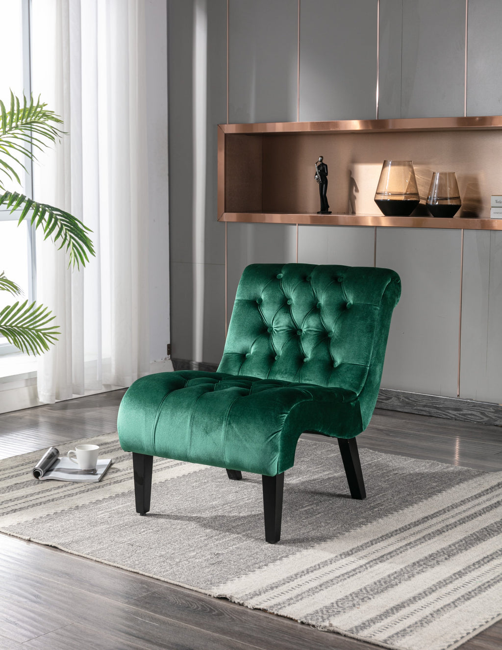 COOLMORE Modern Velvet Armless Accent Living Room Chair / Leisure Chair,Upholstered Fabric Button Comfortable Chair with Wooden Legs for Bedroom, Living Room, Office (Green Velvet)