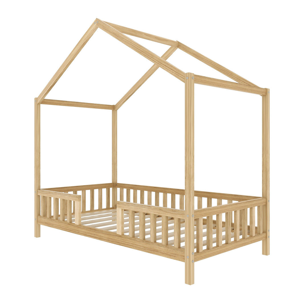 Montessori Floor Bed with Canopy, Twin Bed Frame for Kids, House Shape Kids Bed Frame with High Railings, Wood Kids Bed with Roof, Kid Twin Bed, Natural