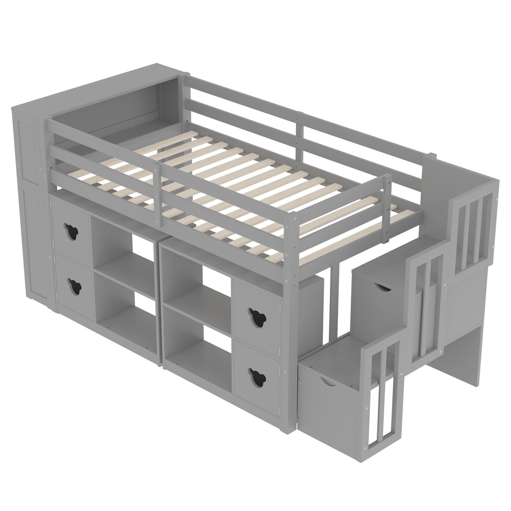 Kids Twin Loft Bed with Storage Cabinets, Staircase Drawers & LED Lights – Solid Wood Low Loft Bed with Shelves, Guardrails, and Fun Bear Handles – Space-Saving Design for Boys & Girls Bedroom