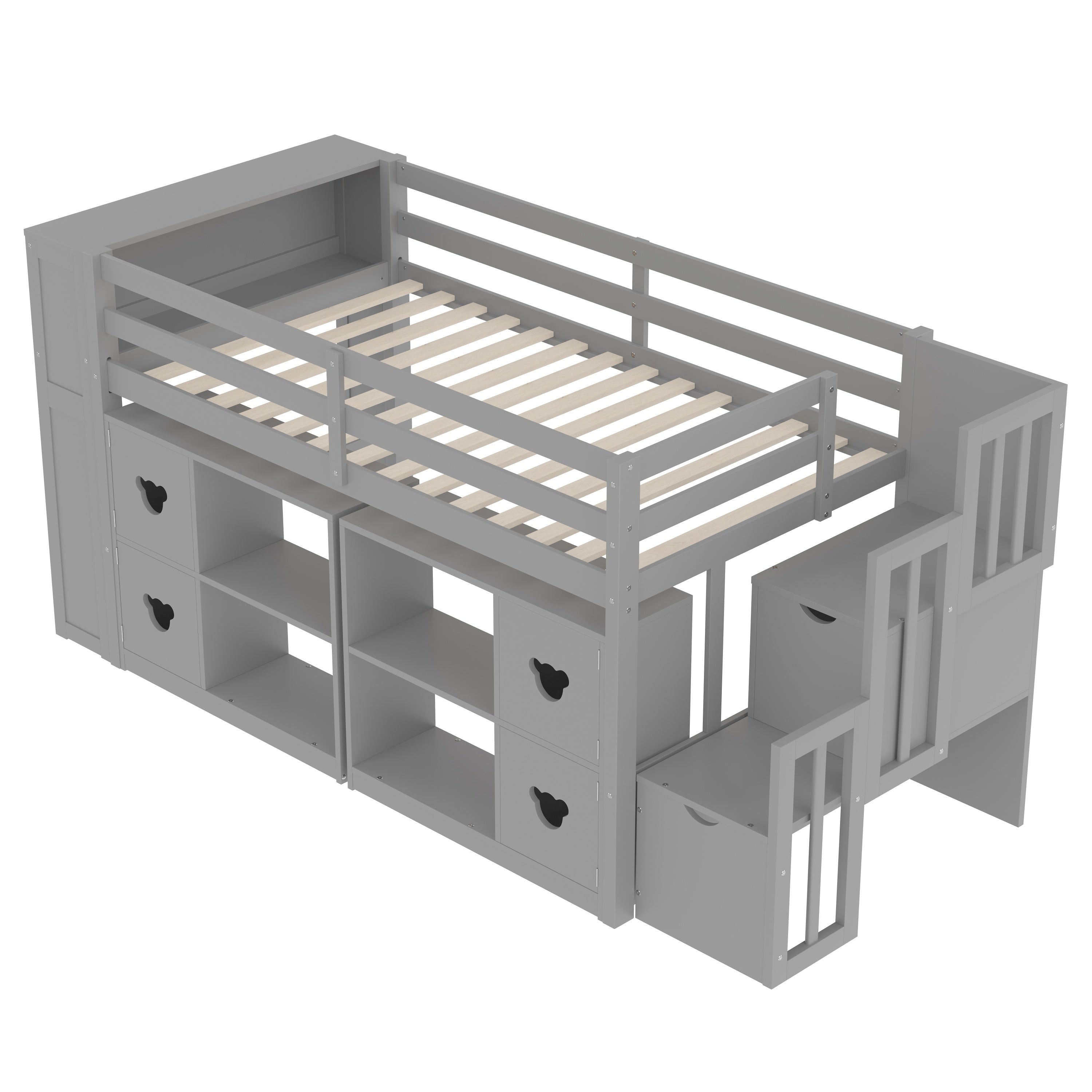Kids Twin Loft Bed with Storage Cabinets, Staircase Drawers & LED Lights – Solid Wood Low Loft Bed with Shelves, Guardrails, and Fun Bear Handles – Space-Saving Design for Boys & Girls Bedroom
