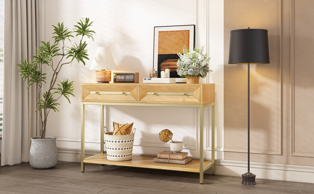 TREXM Entryway Table, Console Table with Two Drawers, Retro Hallway Table with Striking Geometric Design for Entryway and Living Room (Natural)