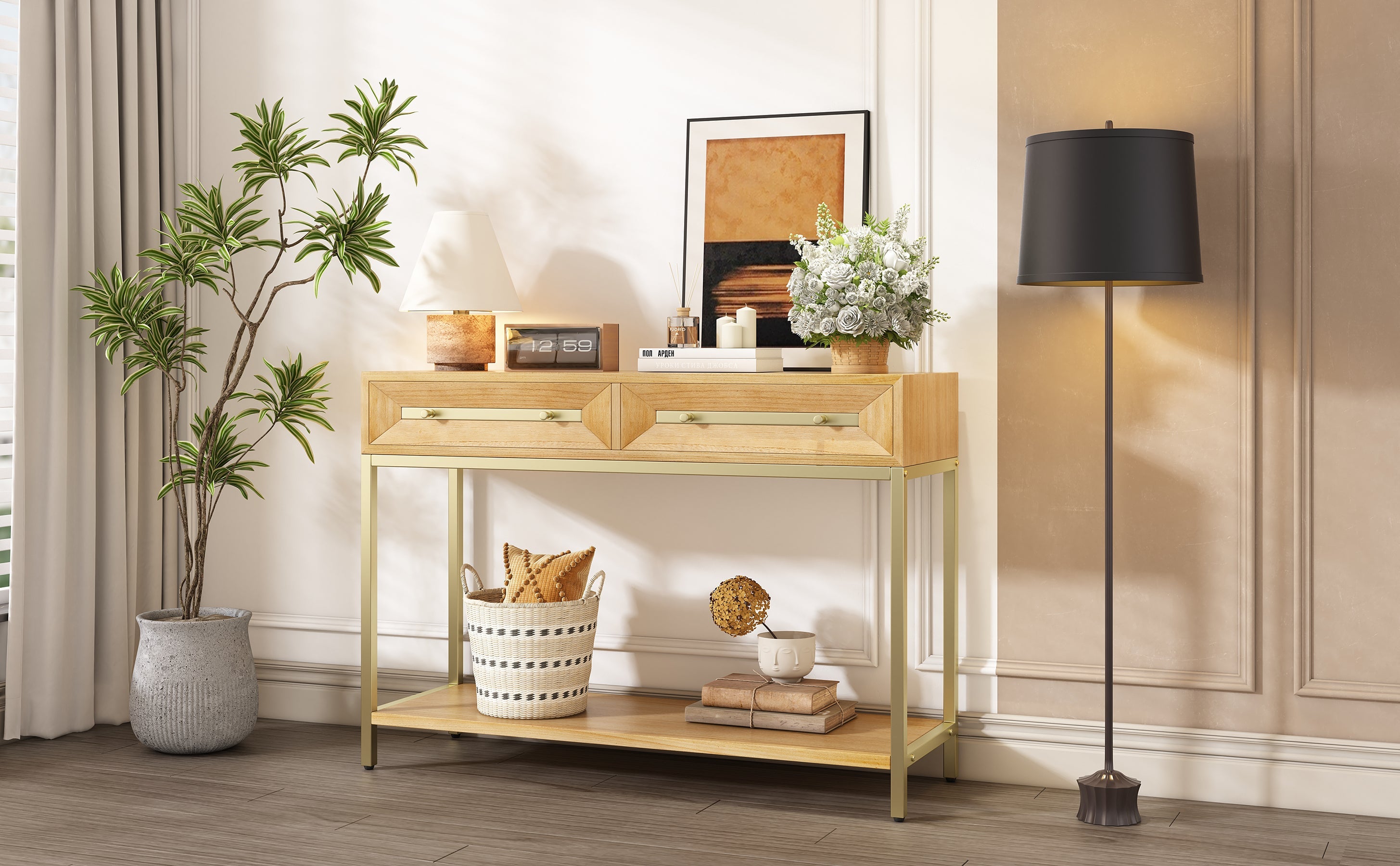 TREXM Entryway Table, Console Table with Two Drawers, Retro Hallway Table with Striking Geometric Design for Entryway and Living Room (Natural)