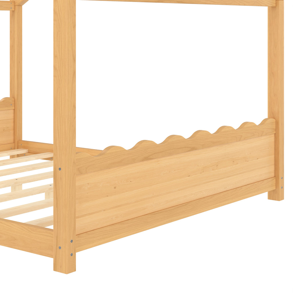 Queen House Floor Bed with Support Slats, Solid Wood House Bed Frame for Kids, No Box Spring Needed and Opening Constructure, Natural