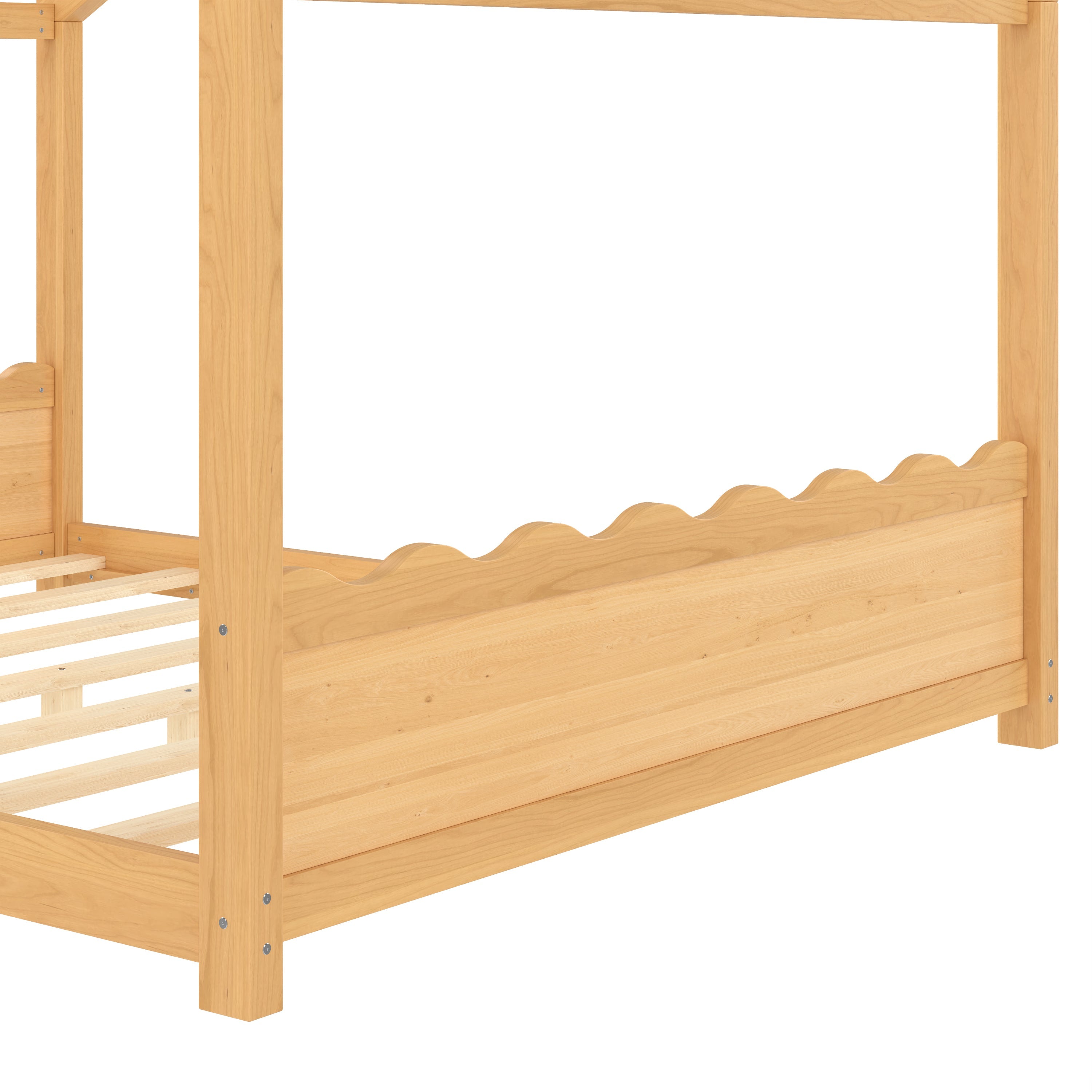 Queen House Floor Bed with Support Slats, Solid Wood House Bed Frame for Kids, No Box Spring Needed and Opening Constructure, Natural