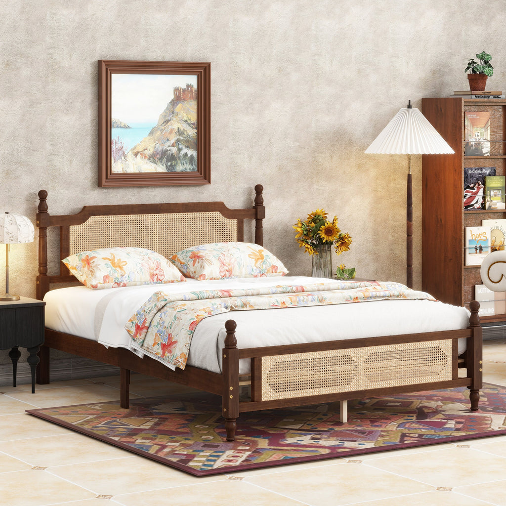 Queen Pine wooden Bed with Rattan Headboard  and Footboard, with  Central Enhanced Bed Platform,Walnut