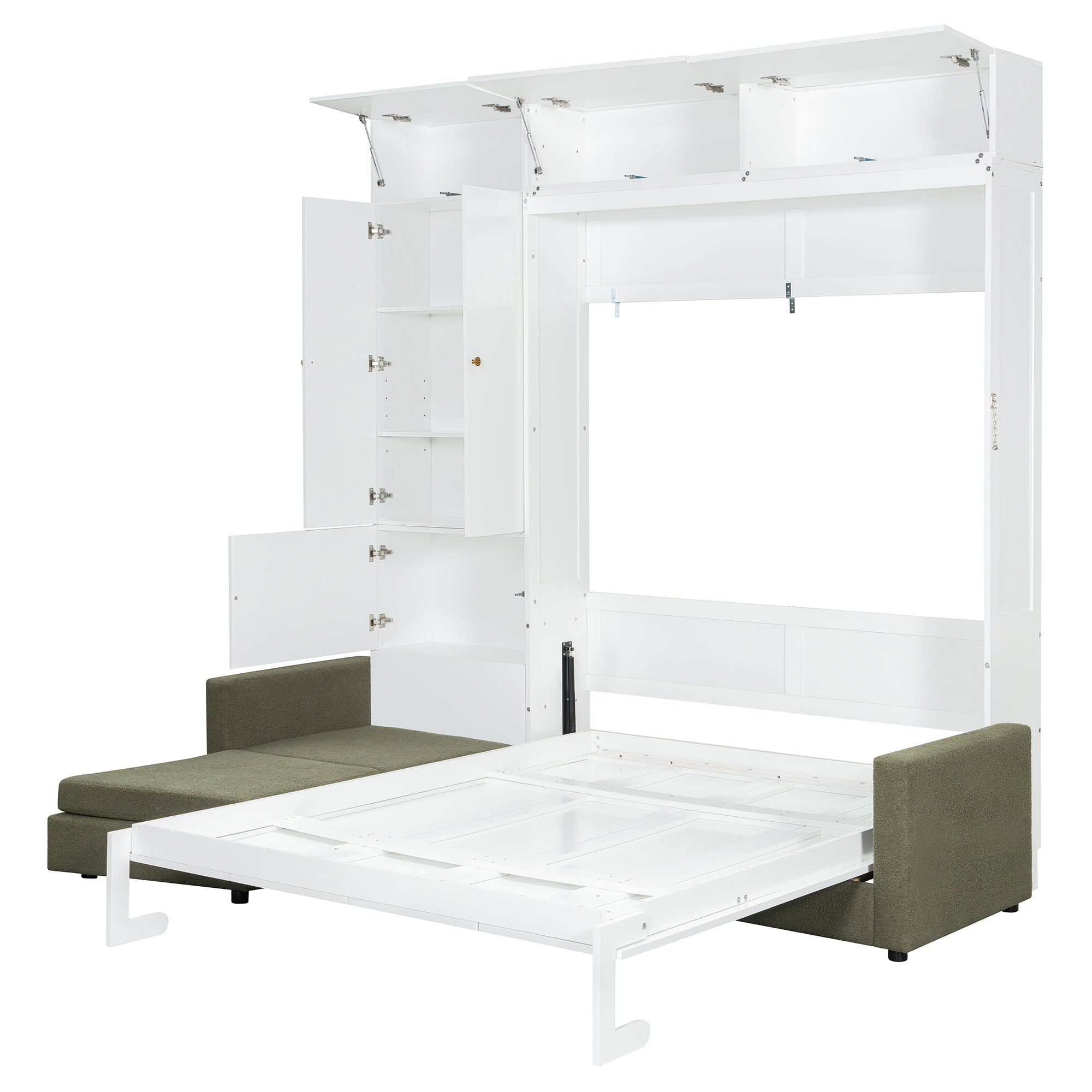 Queen Size Murphy Bed Wall Bed with Sofa and Shelves,White Panel, Green Sofa