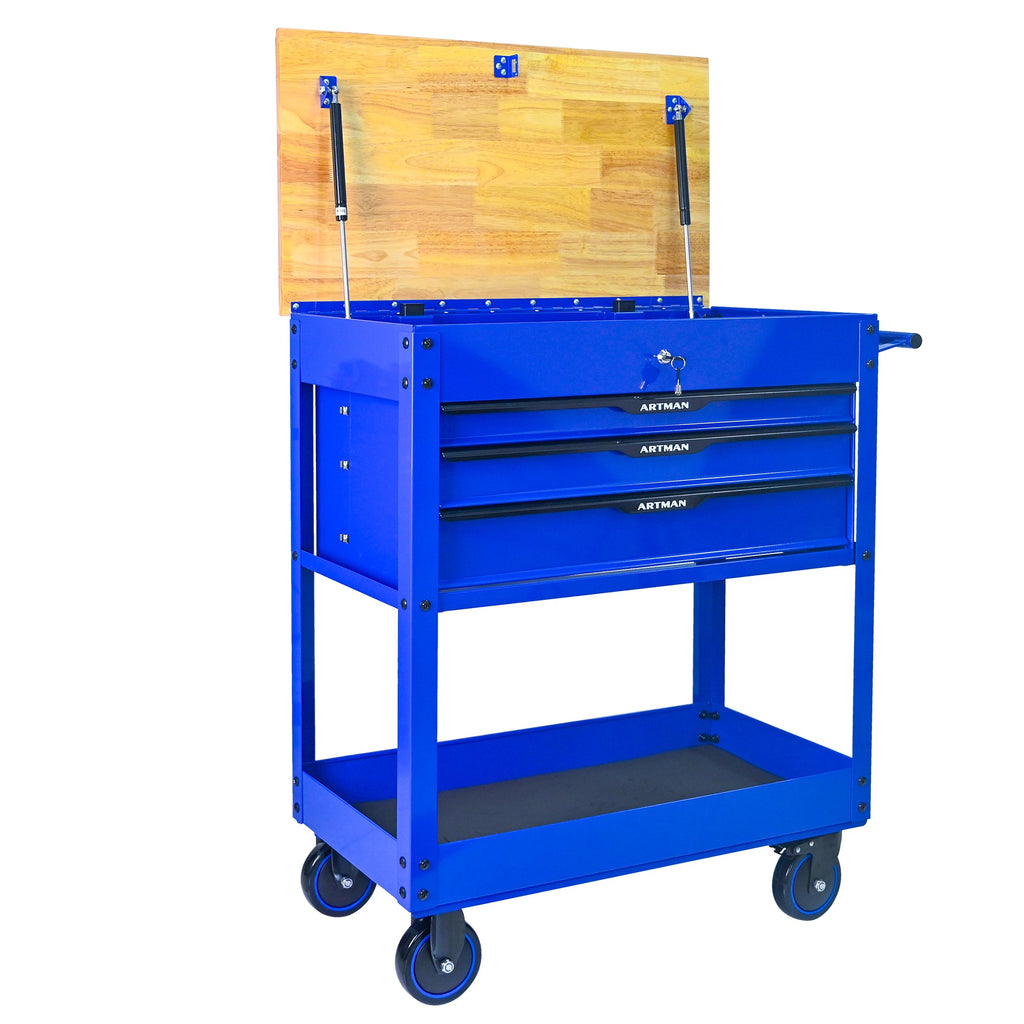 3 DRAWERS MULTIFUNCTIONAL TOOL CART WITH WHEELS AND WOODEN TOP-Blue