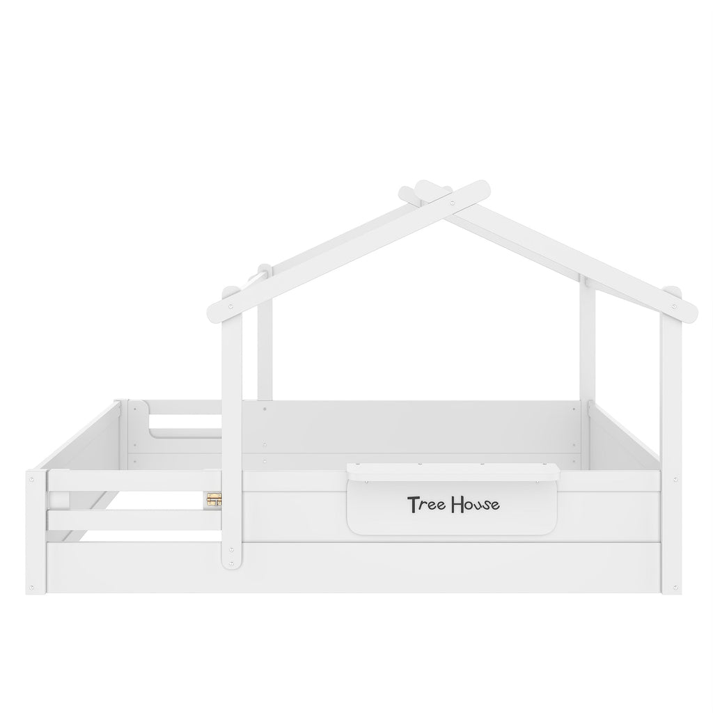 Queen Size Floor Bed with Guardrails and Roof, Kids House Floor Bed with a Small Built-in Tray and Free-installed Signboard, Childlike Design, White