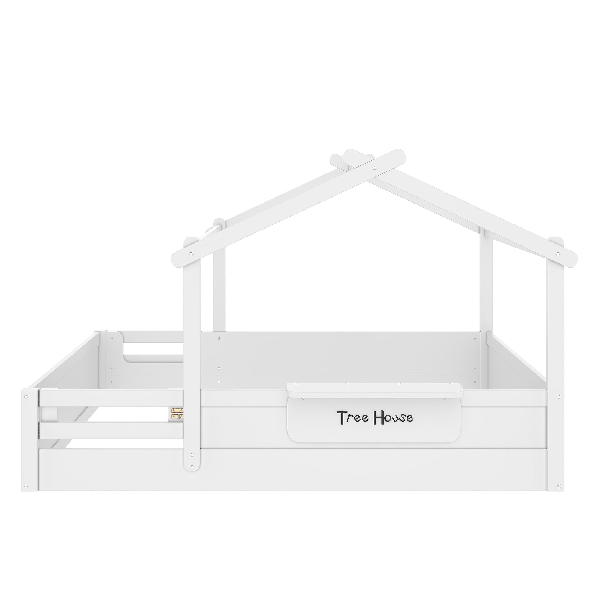 Queen Size Floor Bed with Guardrails and Roof, Kids House Floor Bed with a Small Built-in Tray and Free-installed Signboard, Childlike Design, White