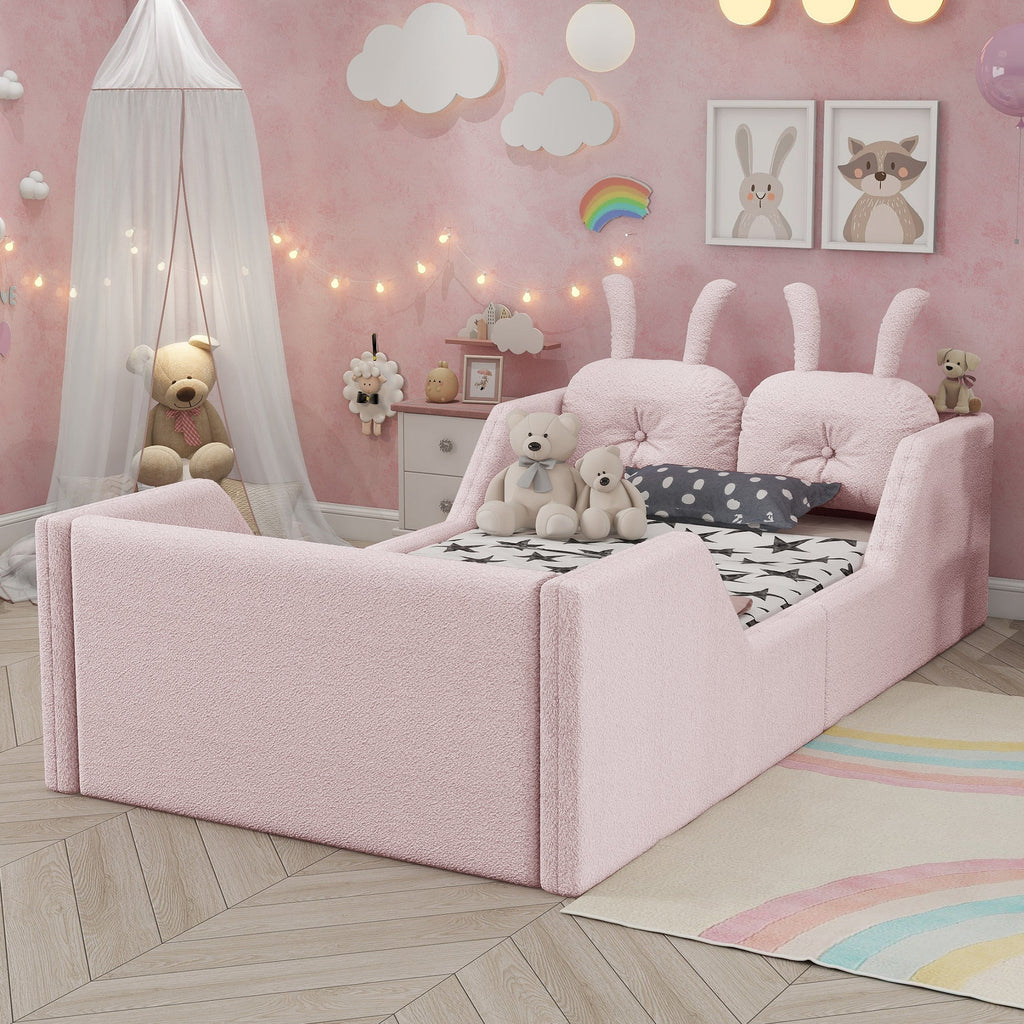 Twin Size Upholstered Platform Bed with Rabbit Cushion, Kids Floor Upholstered Bed with Removable Side Rails, Pink(Expect Arrival Date 2025/1/15)