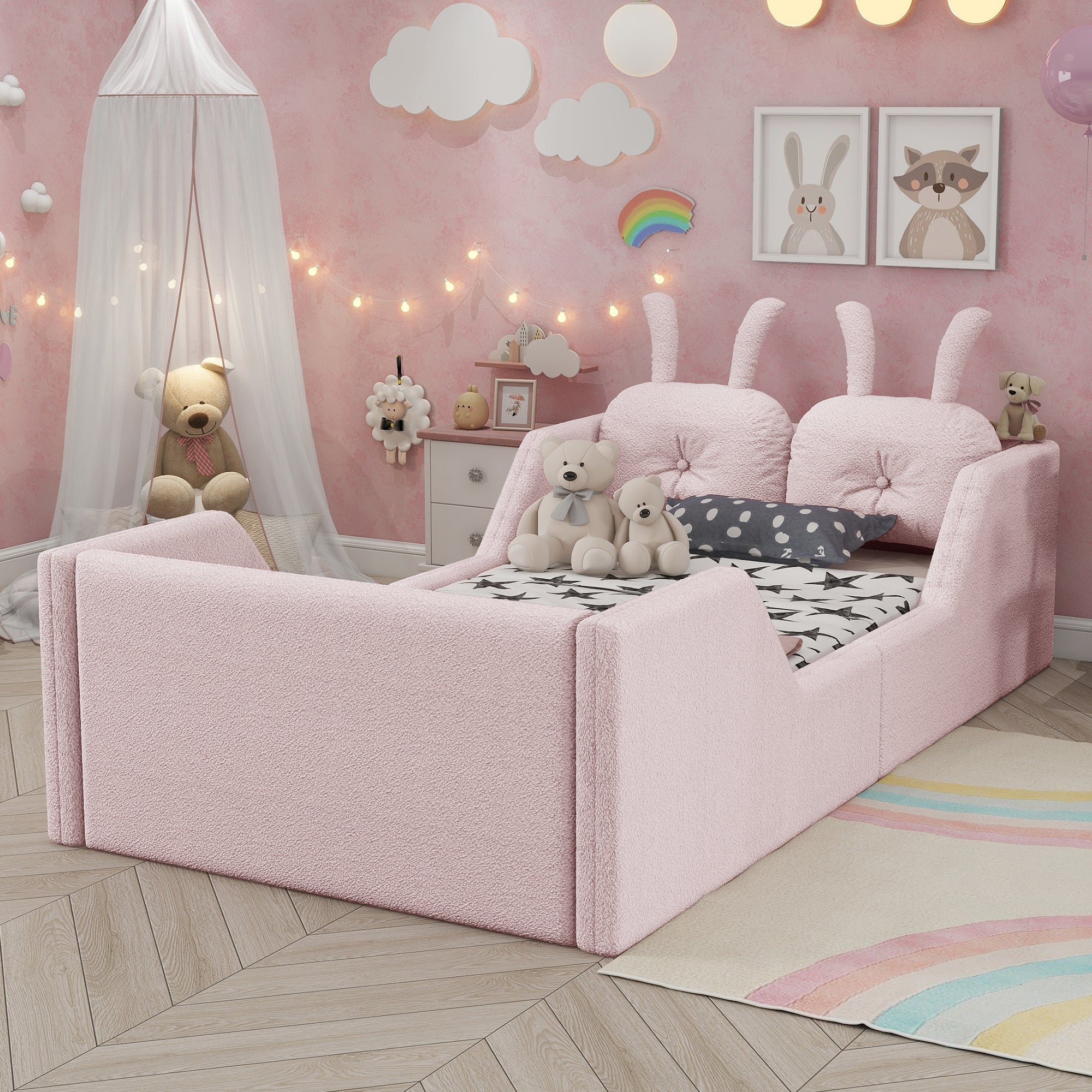Twin Size Upholstered Platform Bed with Rabbit Cushion, Kids Floor Upholstered Bed with Removable Side Rails, Pink(Expect Arrival Date 2025/1/15)