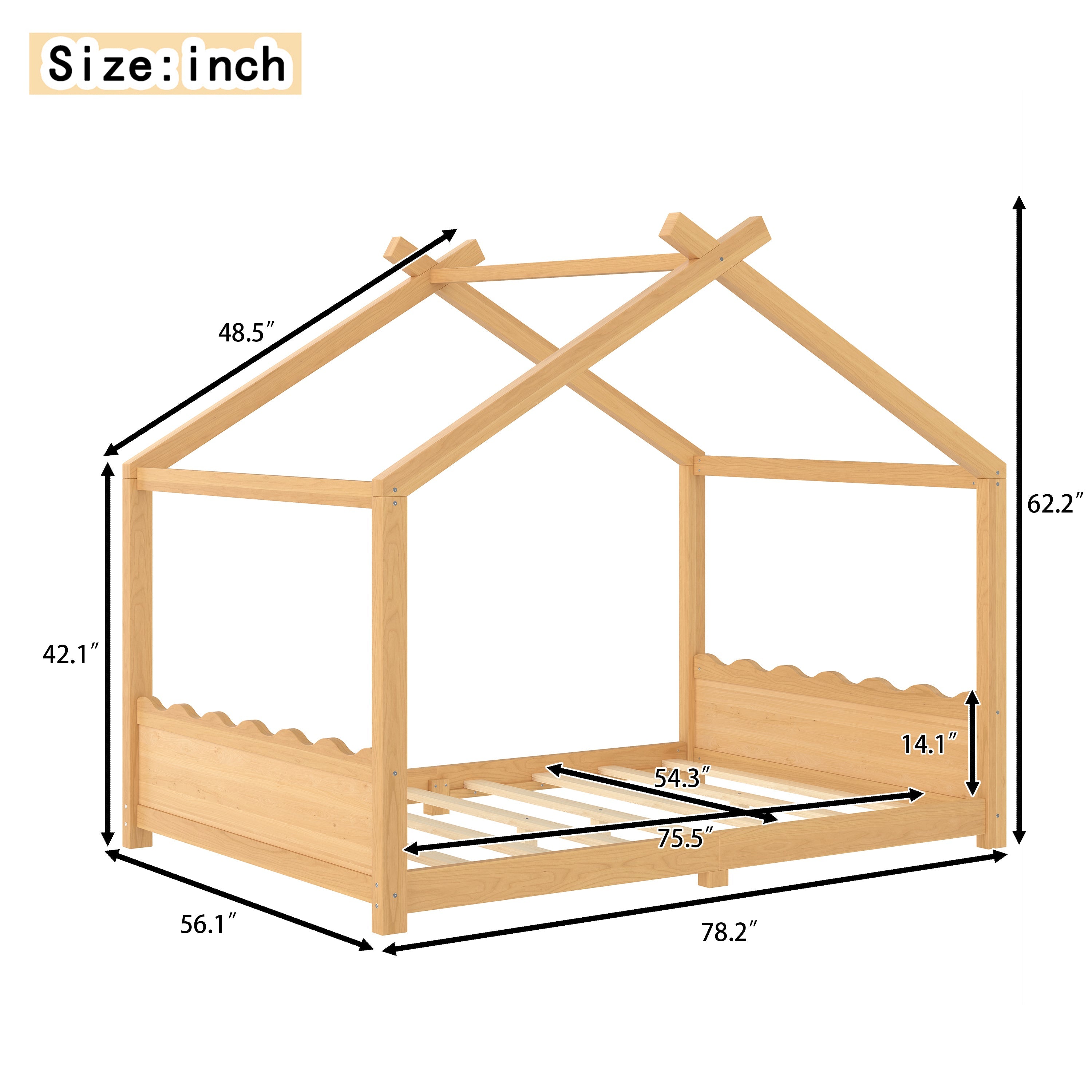 Full House Floor Bed with Support Slats, Solid Wood House Bed Frame for Kids, No Box Spring Needed and Opening Constructure, Natural