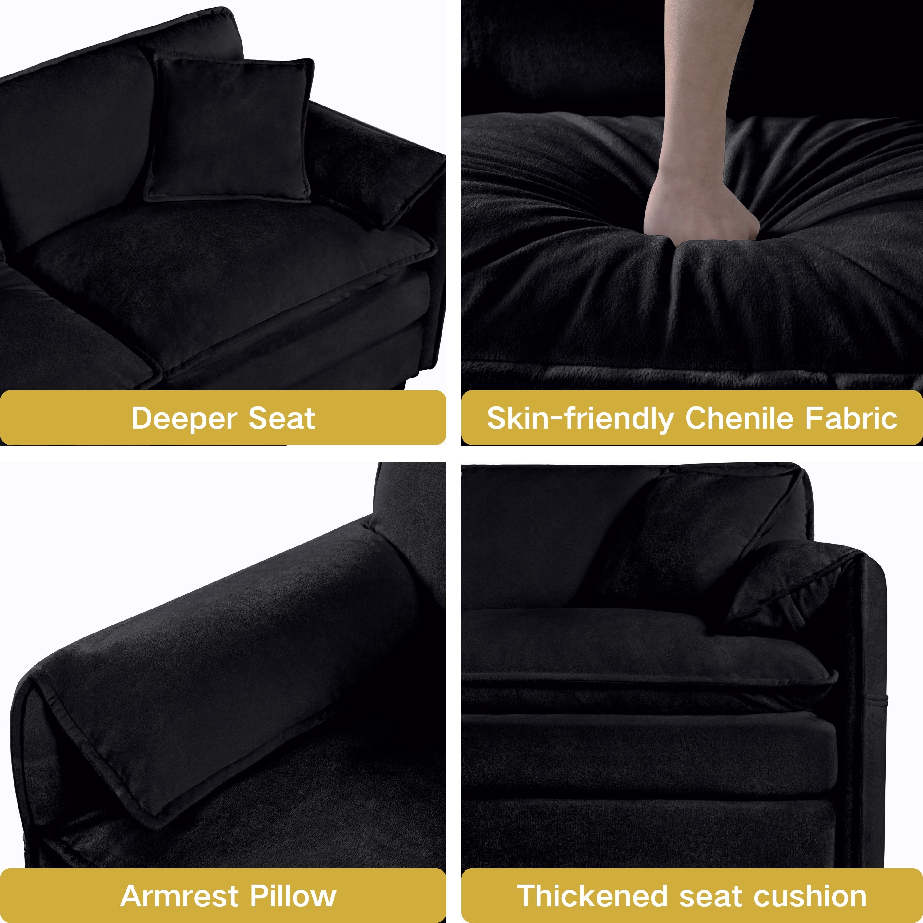 Modular Sectional Sofa, Oversized Deep Seat U Shaped Couch Set for Living Room, 4-Seater Comfy Cloud Couches with Two Movable Ottomans, DIY Combination, Chenille,Black