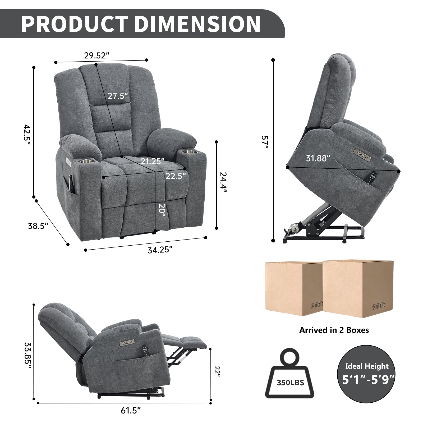 Lift Recliner Chair with Massage and Heat for Elderly, Overstuffed Wide Recliners, Heavy Duty Motion Mechanism with USB and Type C Ports, 2 Steel Cup Holders, Blue Grey