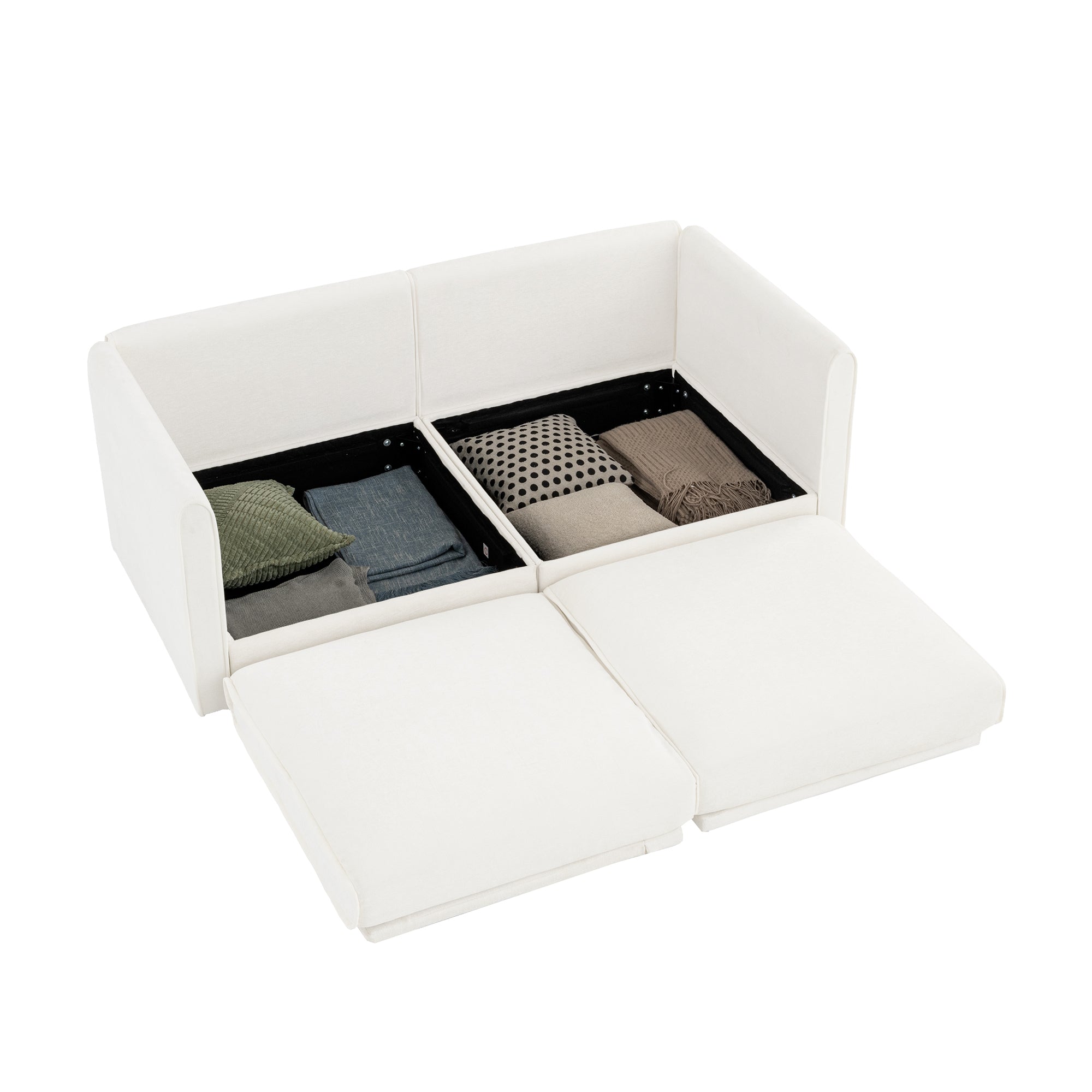 Stylish White Chenille 2-Seater Sofa with Storage Seat, Cylindrical Backrest and Armrests, Modern Fabric Loveseat Featuring Hidden Storage Space
