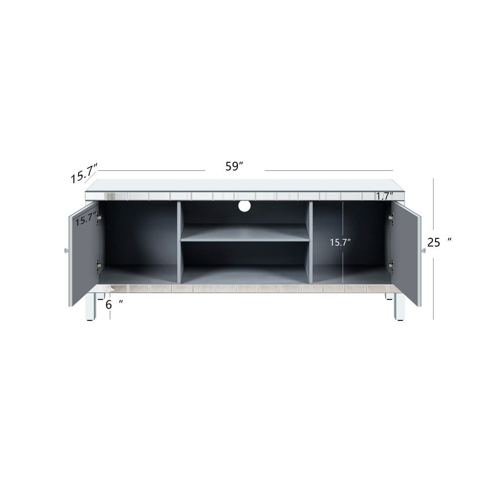 Mirrored TV Stand for 65+ inch TV,Sliver TV Console Table with Open Storage & 2 Storage Cabinets ,Diamond Shape Sparkling Mirror Doors for Living Room(59''W x 25.2''H x 15.7D)