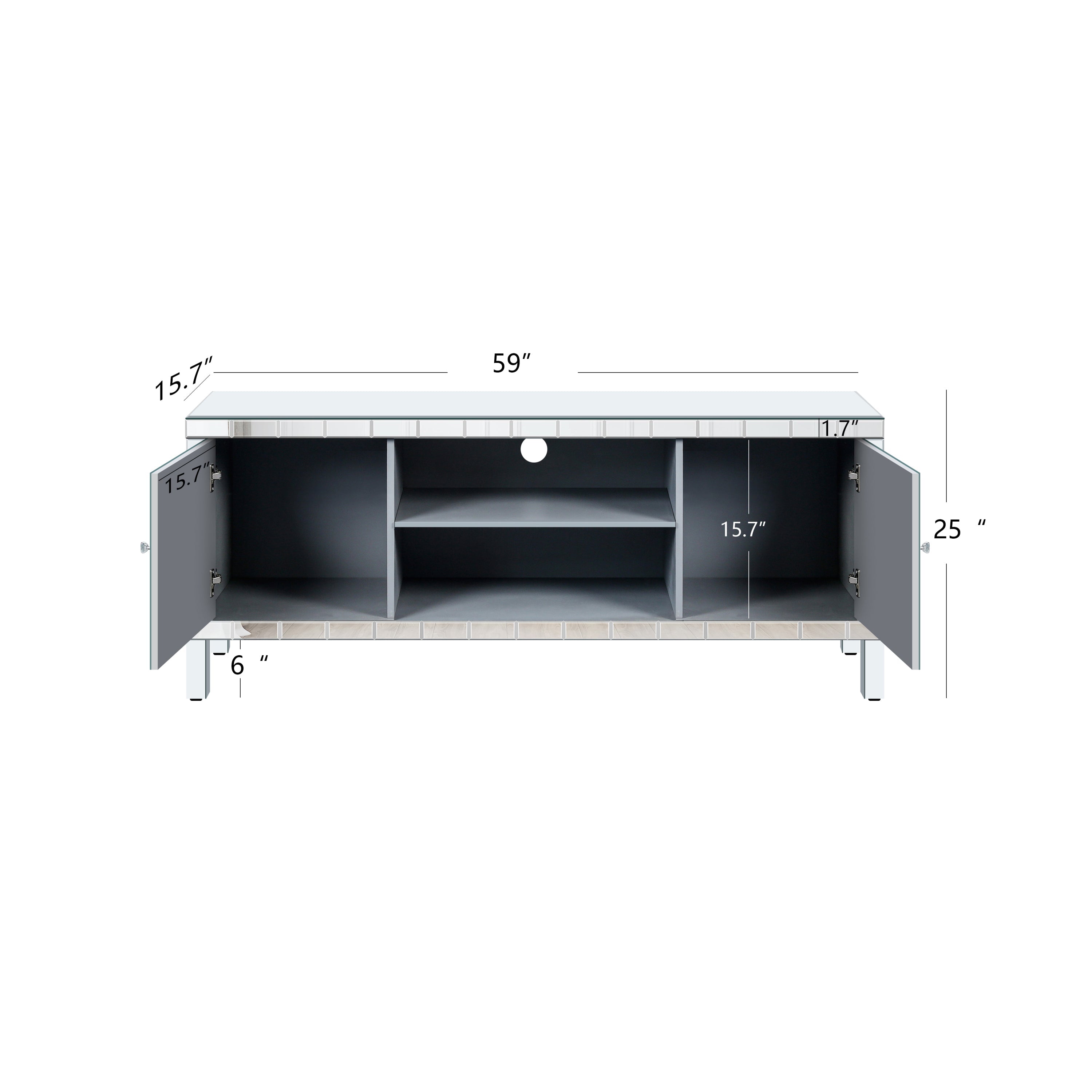 Mirrored TV Stand for 65+ inch TV,Sliver TV Console Table with Open Storage & 2 Storage Cabinets ,Diamond Shape Sparkling Mirror Doors for Living Room(59''W x 25.2''H x 15.7D)