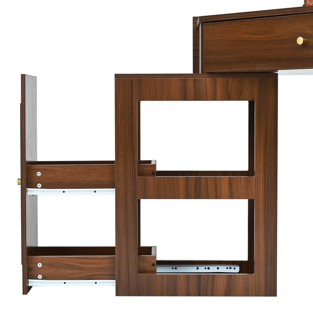 Corner Vanity Desk Set with Storage Cushioned Stool and Charging Station, Triangle Makeup Desk with Removable Pull-Out Side Cabinet, Glass Tabletop Makeup Vanity Desk with Drawer and Shelf, Walnut