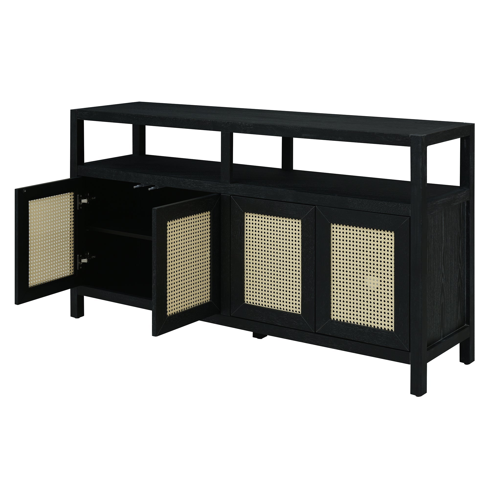 TREXM Bohemian Style Rattan Buffet Storage Cabinet with Solid Wood Frame, Sideboard with 3-position Adjustable Shelves for Living & Dining Rooms, No-Handle Push-to-Open Design (Black)