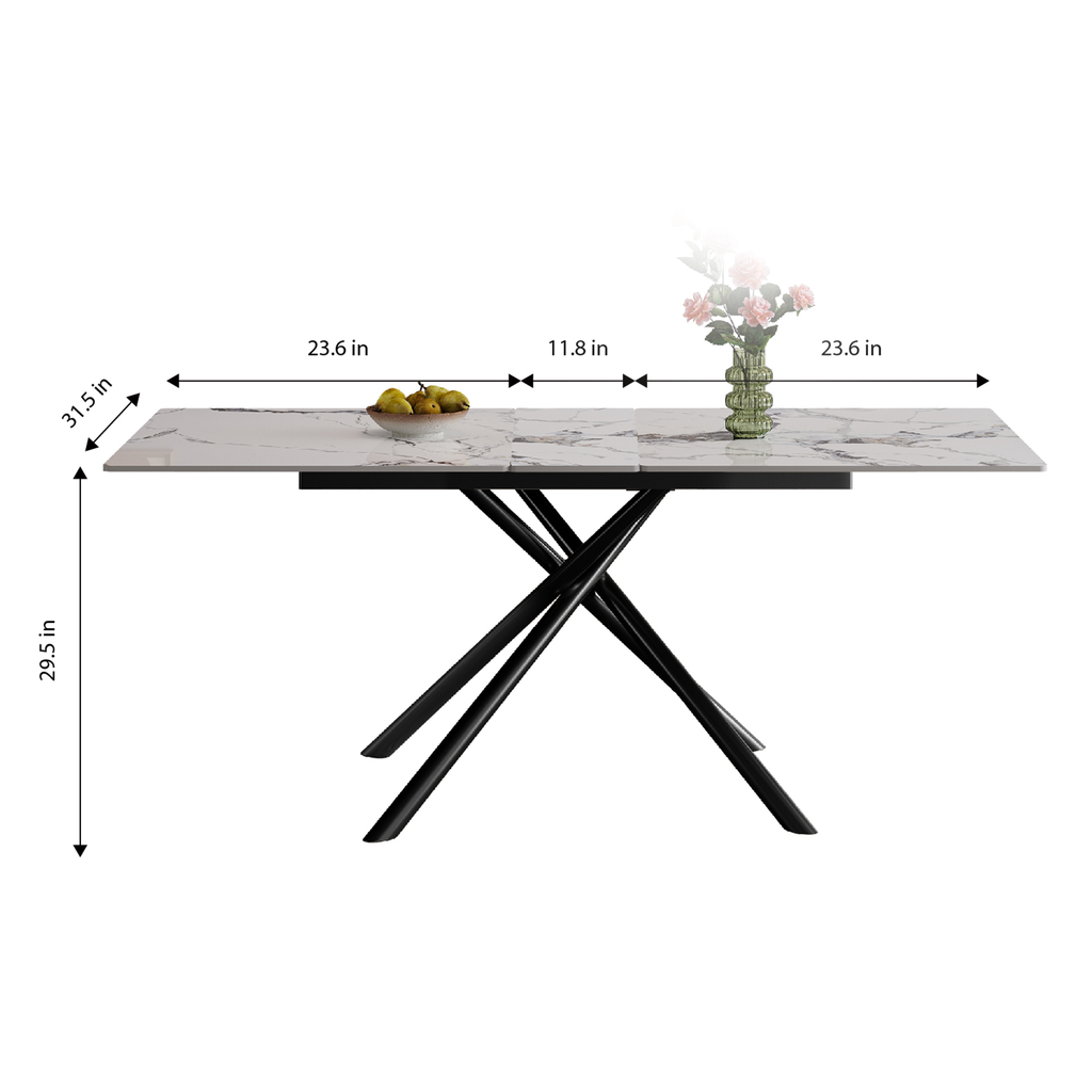 59-inch Modern rectangle Expandable Dining Table with Retractable Leaf, Sintered Stone Top & Black Carbon Steel X-Base, Sturdy 4-6 Person Table for Small Apartments, Kitchen, Dining Room