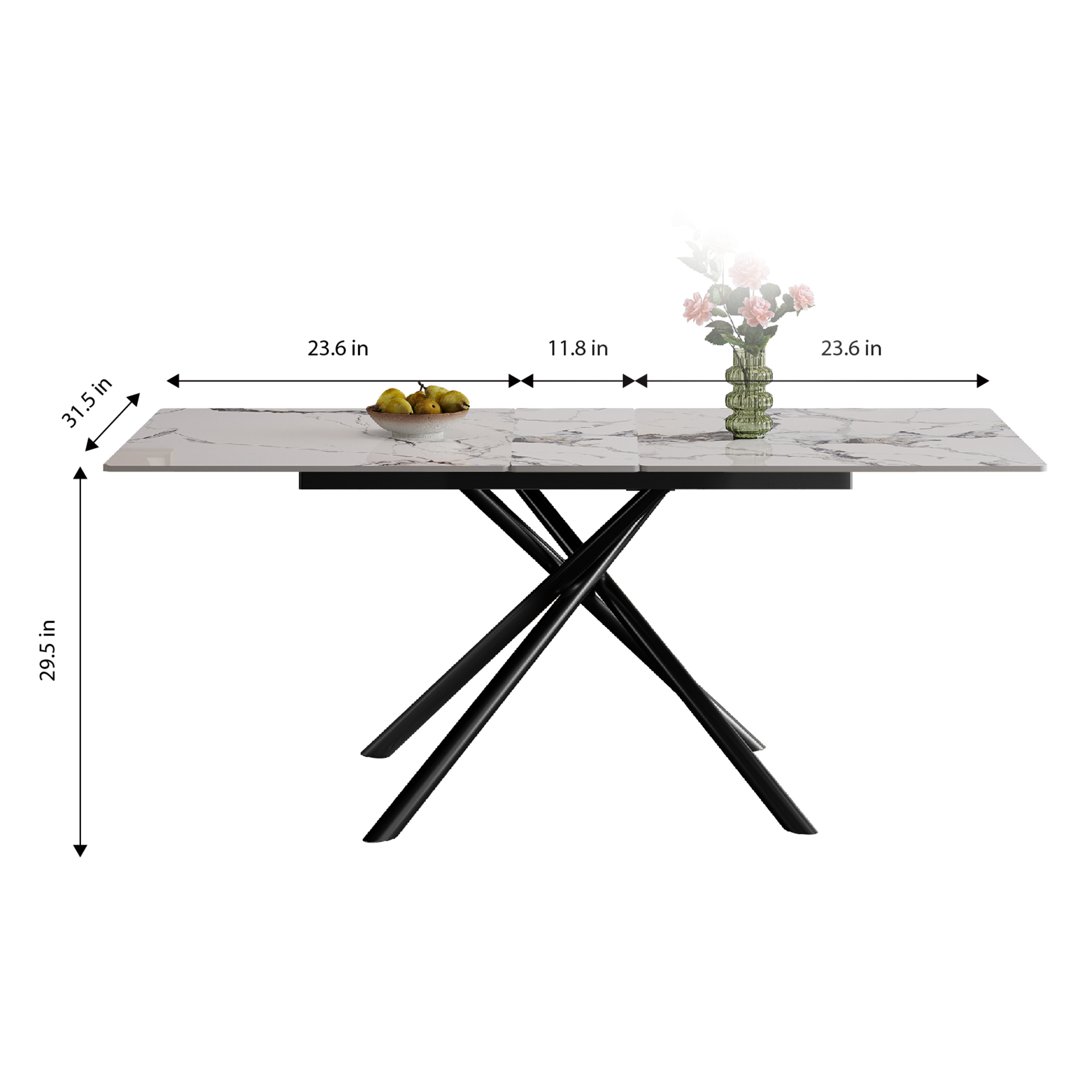 59-inch Modern rectangle Expandable Dining Table with Retractable Leaf, Sintered Stone Top & Black Carbon Steel X-Base, Sturdy 4-6 Person Table for Small Apartments, Kitchen, Dining Room
